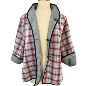 Reversible Red Blue & Gray Plaid lightweight Jacket w/Black Trim Size XL